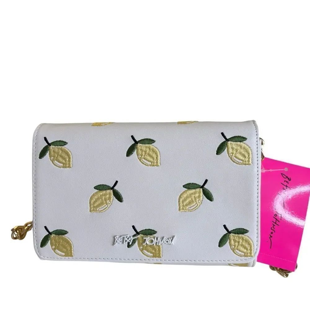 Betsey Johnson Faux Leather Creme Crossbody w/ Embroidered Yellow Lemons.